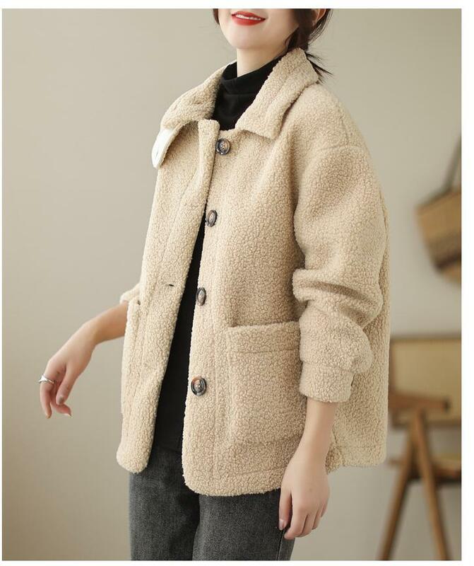 Chaqueta gruesa de lana de cordero para mujer, abrigo de algodón, manga larga, Color sólido, cintura ancha, botonadura única, 2023
