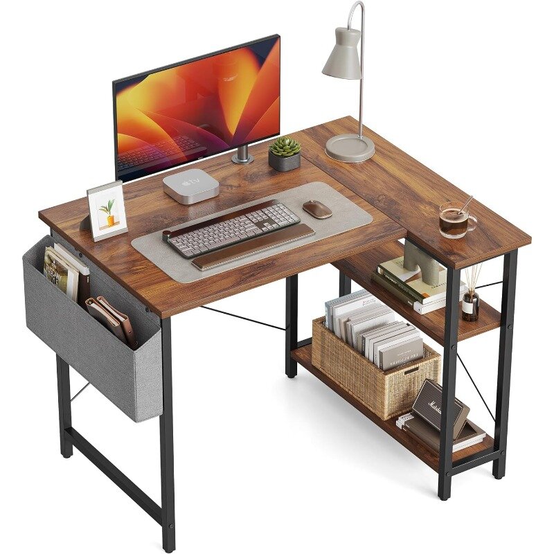 Meja Komputer berbentuk L kecil 40 inci, dengan rak penyimpanan rumah sudut kantor meja belajar menulis