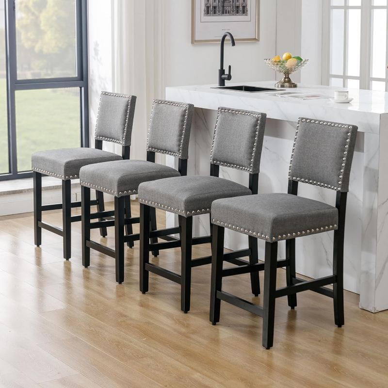 DAGONHIL 24-calowy stołki barowe zestaw 4, stołki o wysokości blatu, taborety tapicerowane tkaniną z plecami i drewnianą nogą, jadalnia bez ręki