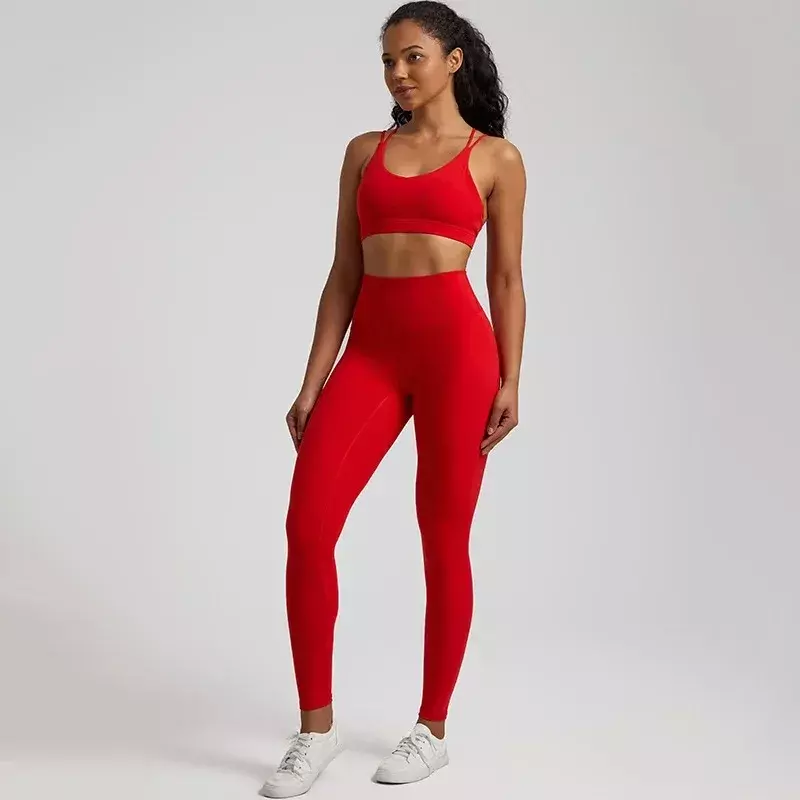 Lemon Gym Fitness Yoga Set Leggings Back Cross Sport Bra Top 2pc Suit Comprehensive Training Jog Womencutout Tie Round Nec