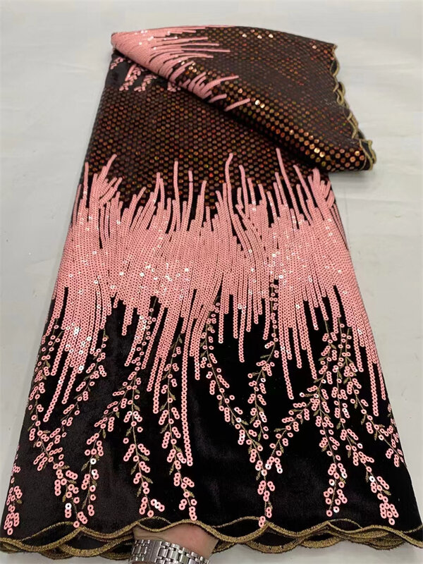 Tela de encaje de terciopelo africano azul para mujer, tela de encaje nigeriano con lentejuelas pesadas, vestido de novia lujoso de alta calidad 2024
