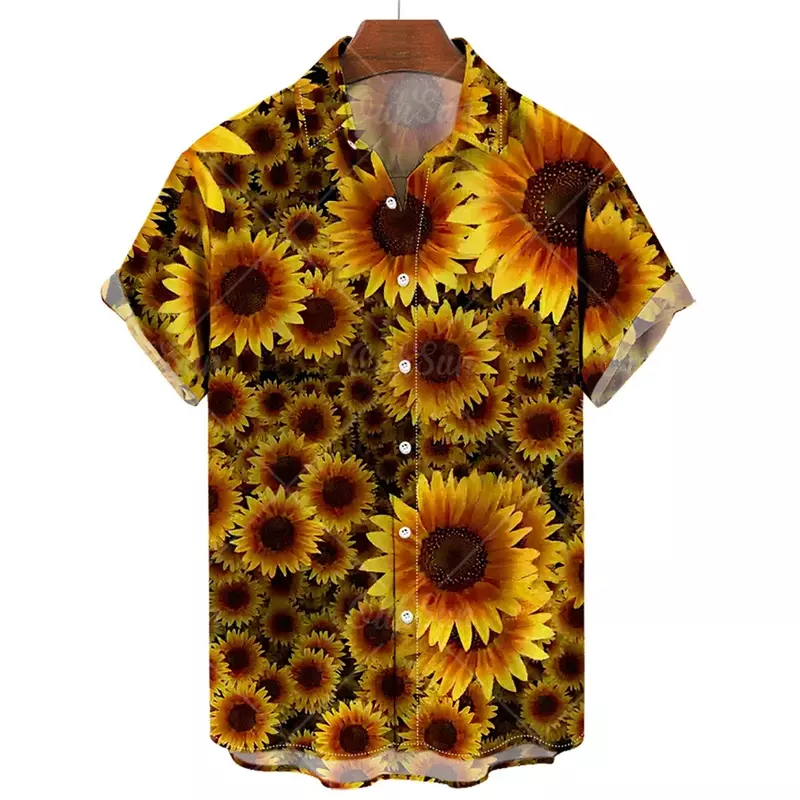 Camisa de manga curta estilo praia havaiana com estampa sol girassol masculina, camisa casual solta, tamanho grande, nova, 2023