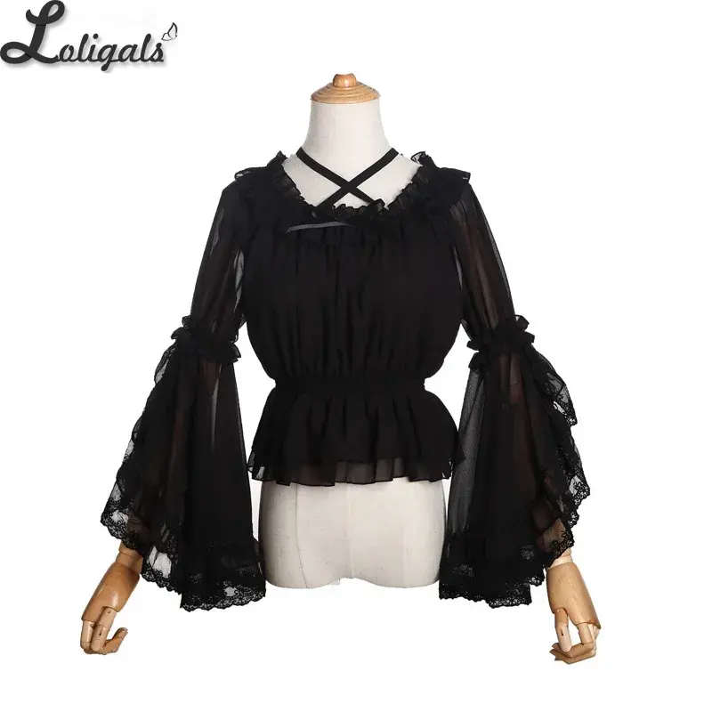 Милая женская шифоновая блузка с расклешенными рукавами и перекрестным вырезом, летний топ в стиле Лолиты