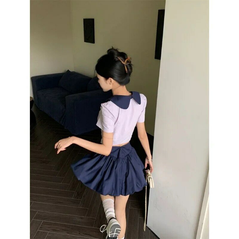 QWEEK Y2K Vintage Preppy Short Sleeve Shirt Woman Sweet Gyaru Coquette Blouses Summer Slim Tunic Korean Fashion Aesthetic 2024