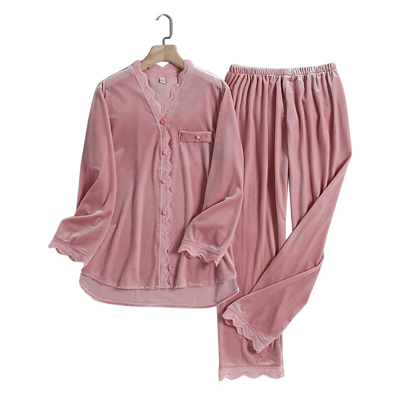 Осенне-зимняя велюровая ночная рубашка, комплект из двух предметов, розовый кружевной пижамный комплект с отделкой, Пижама для женщин, домашняя одежда, бархатная Пижама, одежда для сна