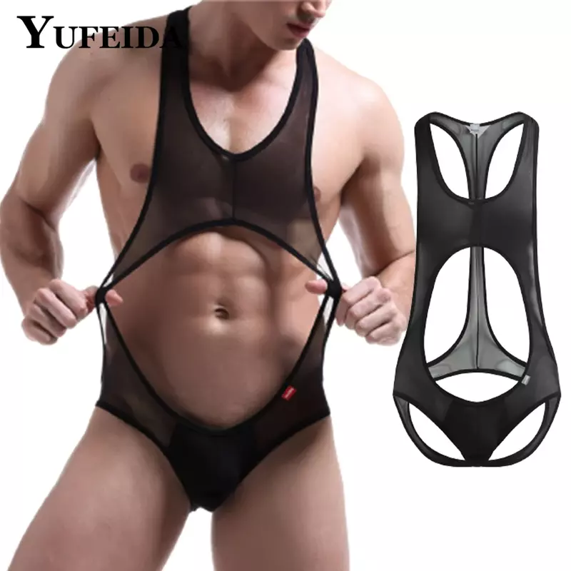 Yufeida-bodysuits de malha sexy pornô para homens, lingerie aberta de uma peça, malha de nádegas, macacão Bondage, calças justas ocas, fetiche exótico
