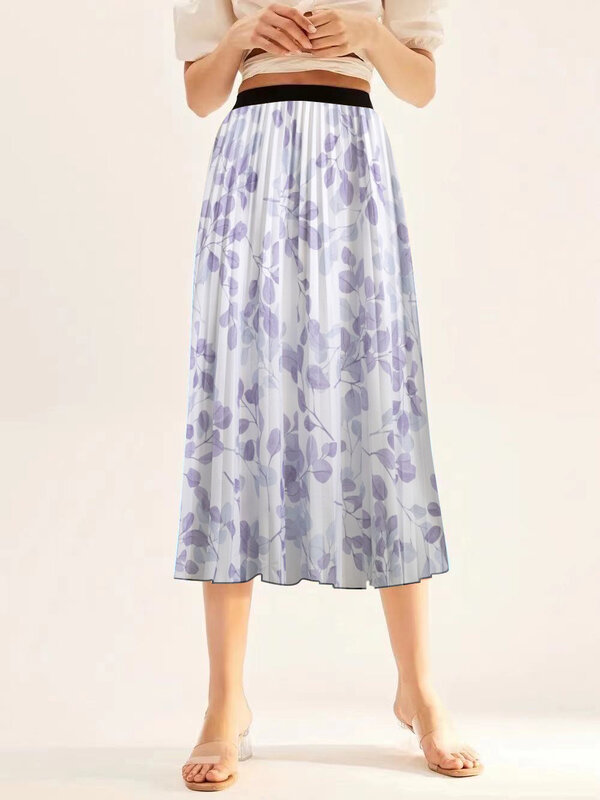 Nighpha-Saia plissada vintage com estampa floral feminina, elástica, cintura alta, midi, longa, casual, primavera, verão