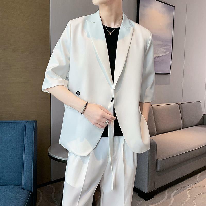 2-A1 Fragrant style suit men's summer Internet celebrity loose half-sleeved lacetrendy handsome suit with wide-leg trouser