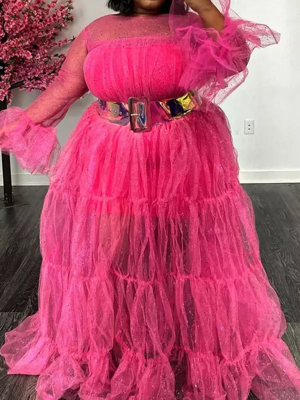 Женское элегантное однотонное розовое Прозрачное платье макси из тюля с оборками на рукавах и круглым вырезом
