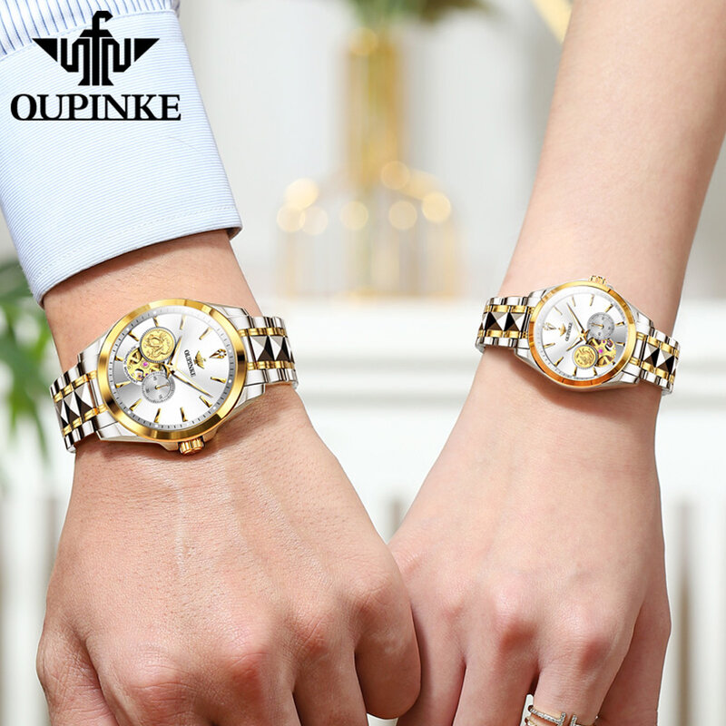 OUPINKE 3260 jam tangan pasangan mekanis asli untuk pria wanita jam tangan gaun asli mewah merek Swiss tahan air