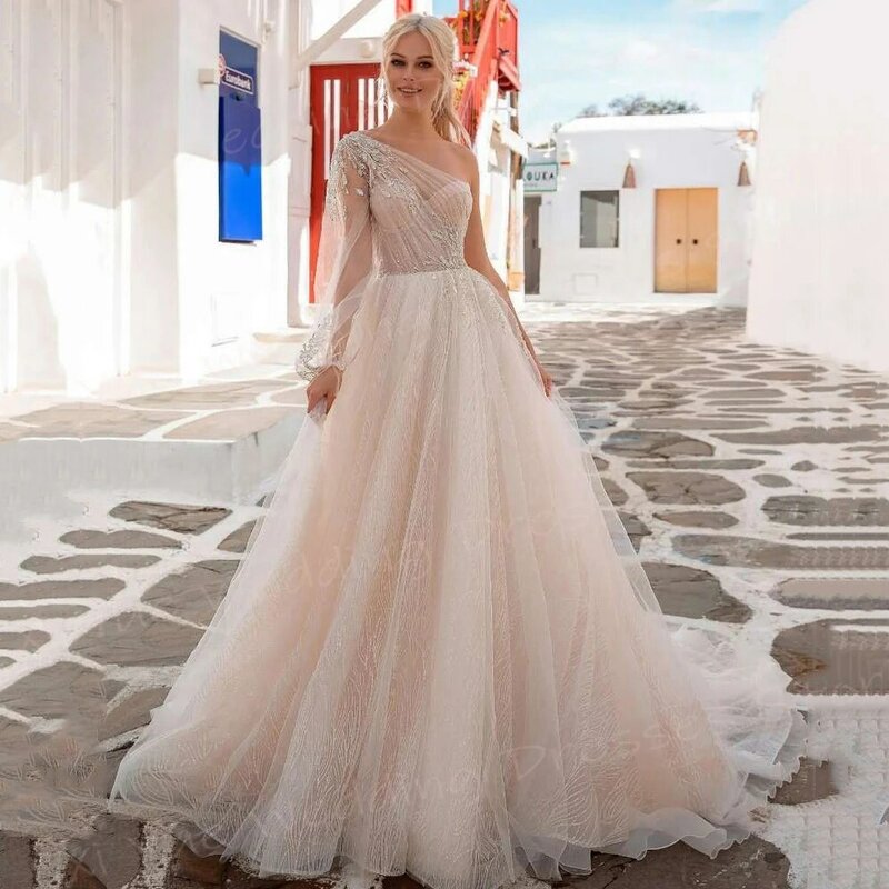 Женское ТРАПЕЦИЕВИДНОЕ свадебное платье, винтажное кружевное платье принцессы на одно плечо с аппликацией, 2024