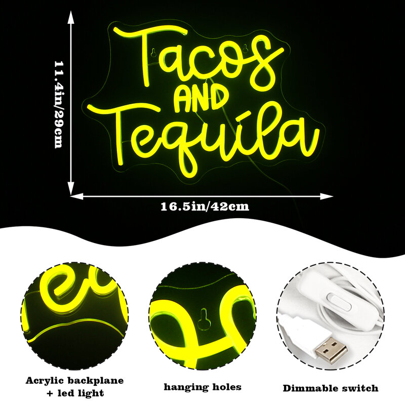 Tacos And Tequila Neon Letter Signs LED Wall Decor Logo USB Light Up Sign Home Bars Bedroom Coffee Bar Night Club Party Lamp