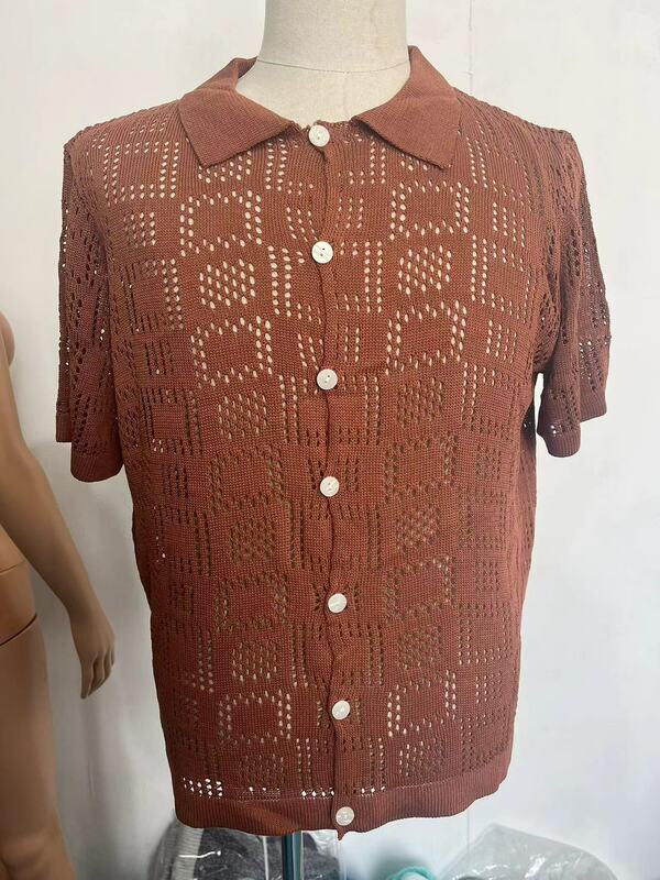 Cárdigan de punto a la moda para hombre, camiseta de manga corta, holgada, con botones y solapa, Verano