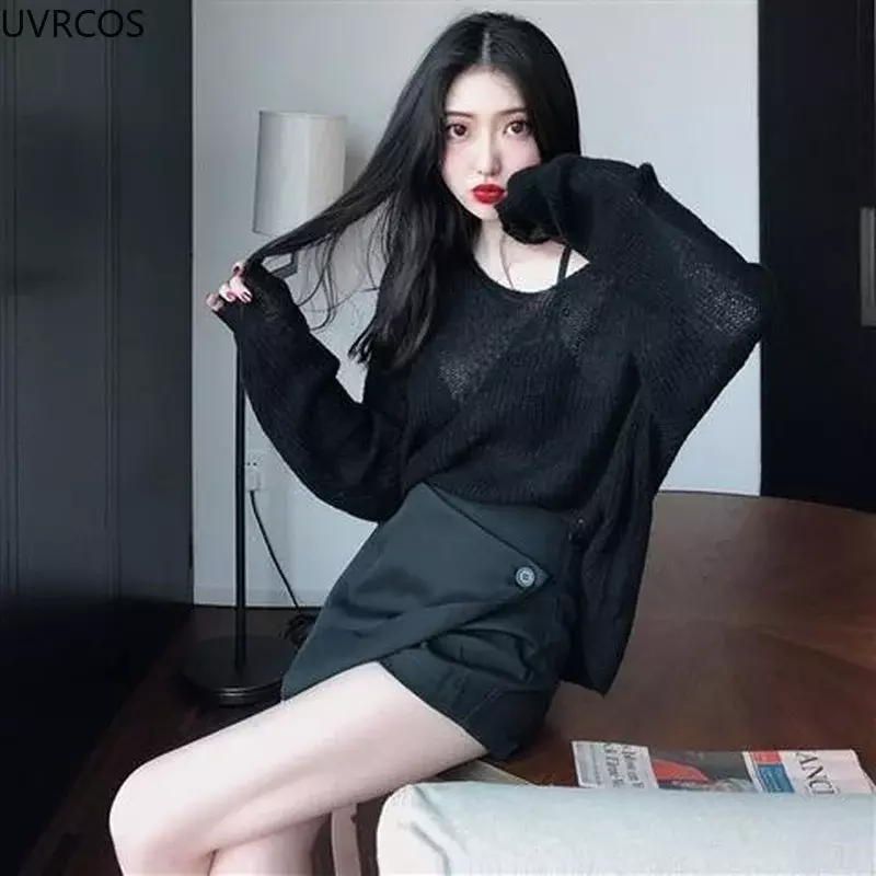 Sweter seksi tipis wanita, baju pullover rajut berongga Vintage manis kasual longgar kerah v elegan Korea