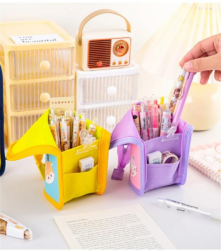 Cute Animals Folding Pencil Case For Students Large Capacity Canvas Pencil Organizer Cosmetics Pouch Makeup Bag Stationery Bag