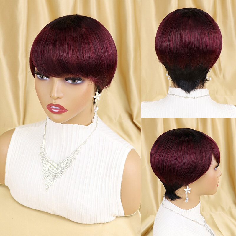 Pelucas de cabello humano brasileño Remy para mujeres negras, Pelo Corto con corte Pixie recto, completamente hecho a máquina, sin pegamento, barato, menos de 50 $