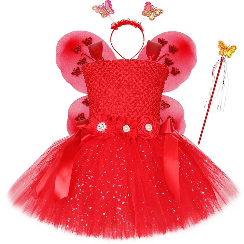 Vestido de tutú de hadas rojo brillante para niñas, disfraz de ala de mariposa, purpurina, vestido de princesa de tul para niñas, fiesta de cumpleaños para niños, vestido de baile