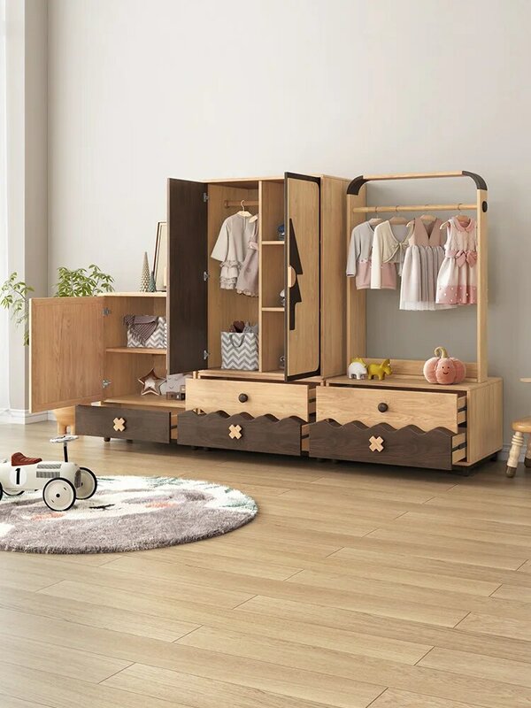 Children's Wardrobe Simple Assembly Hanger Household Bedroom Storage Cabinet Solid Wood Legs