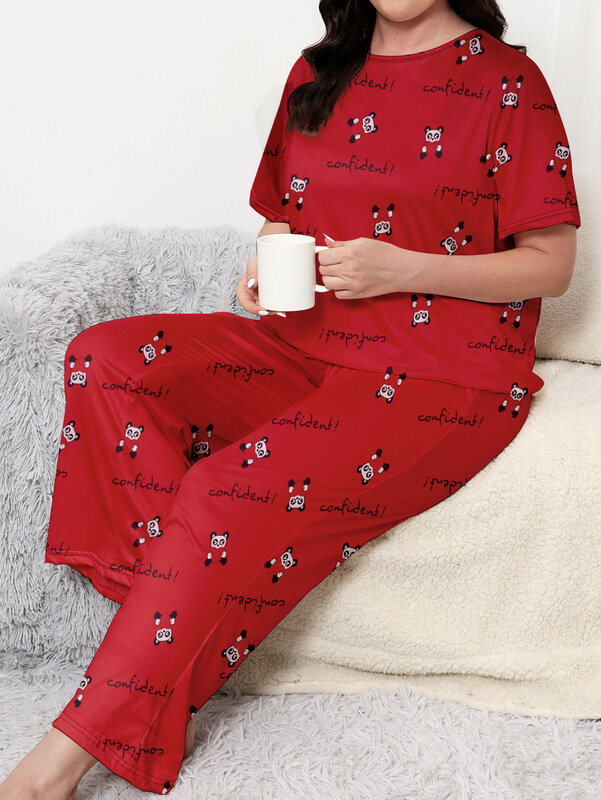 Conjunto de pijama tamanho grande, confortável e solto, calças compridas e mangas curtas podem ser vestidas diretamente em tamanhos