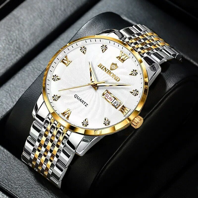 Jam tangan pria, arloji Stainless Steel emas tali padat Quartz bercahaya dan tanggal