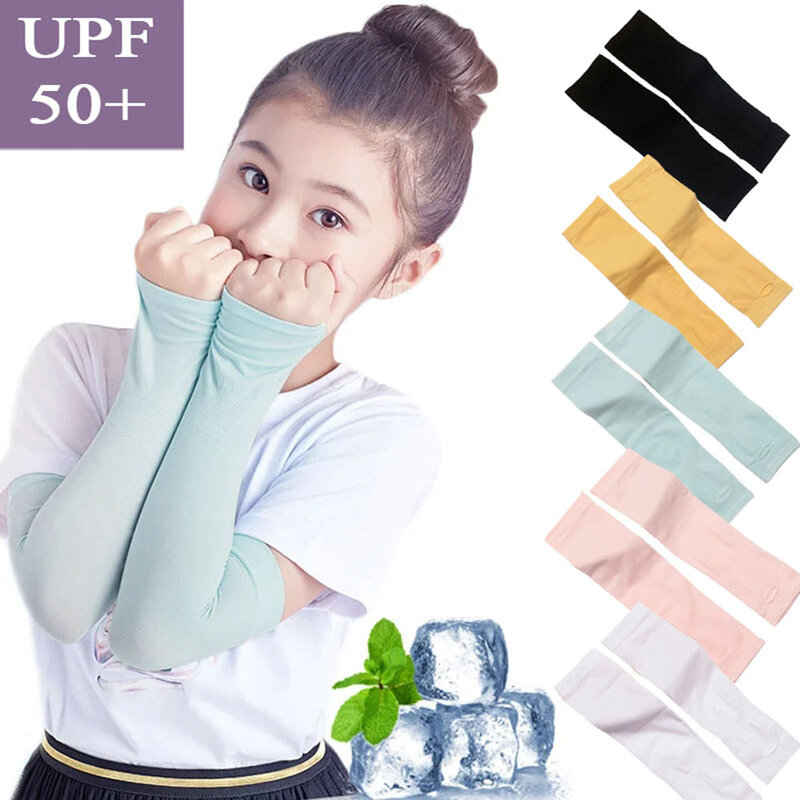 Children Ice Silk Anti UV Arm Sleeves Solid Color Cool Arm Warmers Summer Elastic Protection Sunburn Girls Outdoor Cycling Cover