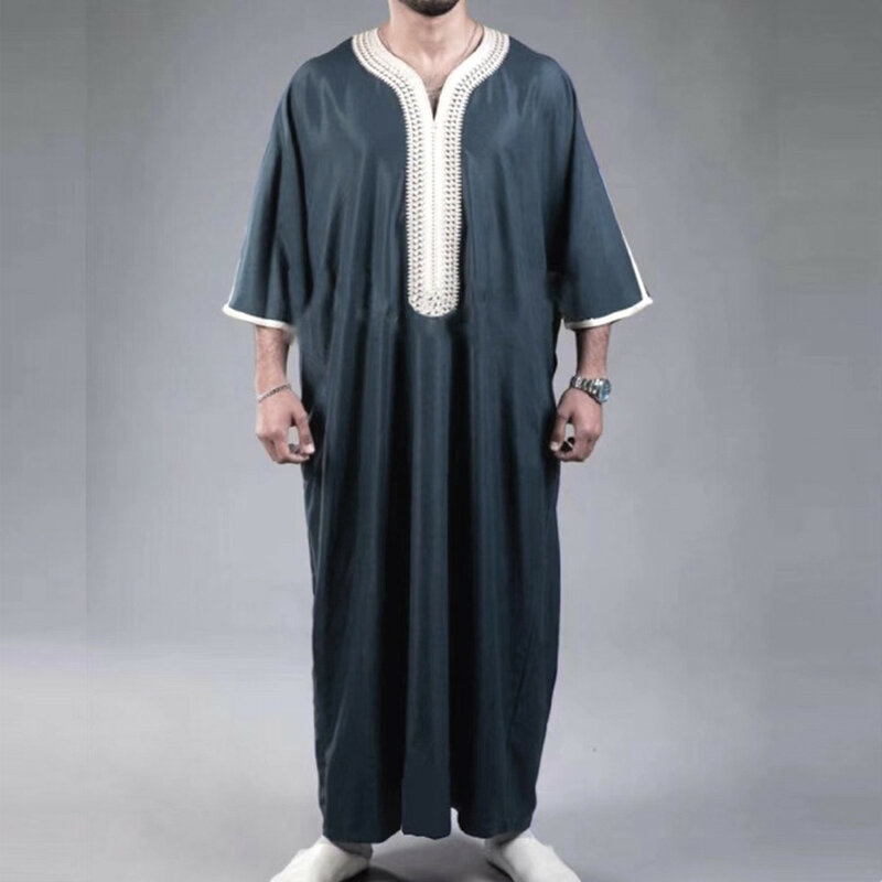 Robe muçulmano, bordado respirável e solto masculino, árabe, Dubai, moda casual, azul marinho, islã, Dubai, verão