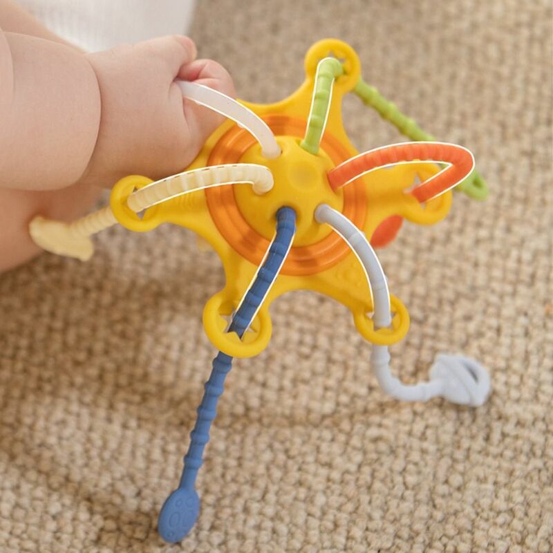 Mainan Gigit 3 in 1 mainan sensorik bayi mengembangkan silikon kognitif mainan tali tarik bayi mainan Montessori pegangan jari pelatihan