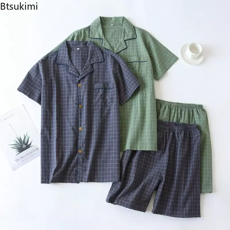 Новинка 2024, мужская летняя Пижама, шорты с коротким рукавом, домашняя одежда, 2 предмета, мягкая хлопковая простая японская Клетчатая Мужская одежда для сна