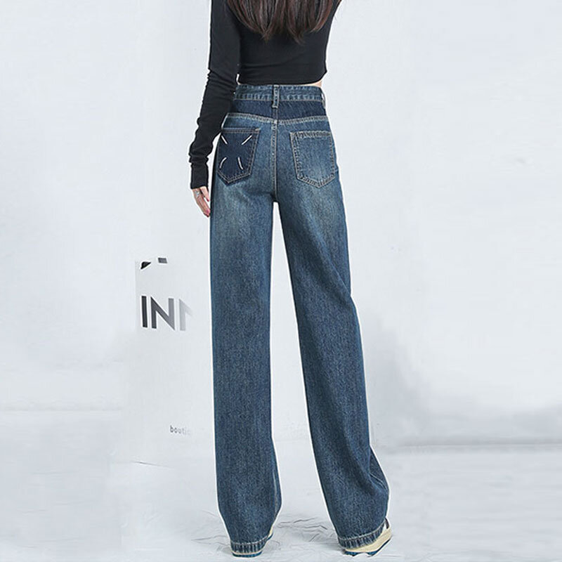 Niche design color collision jeans women high waist thin loose straight large size retro wide-legged dragging pants