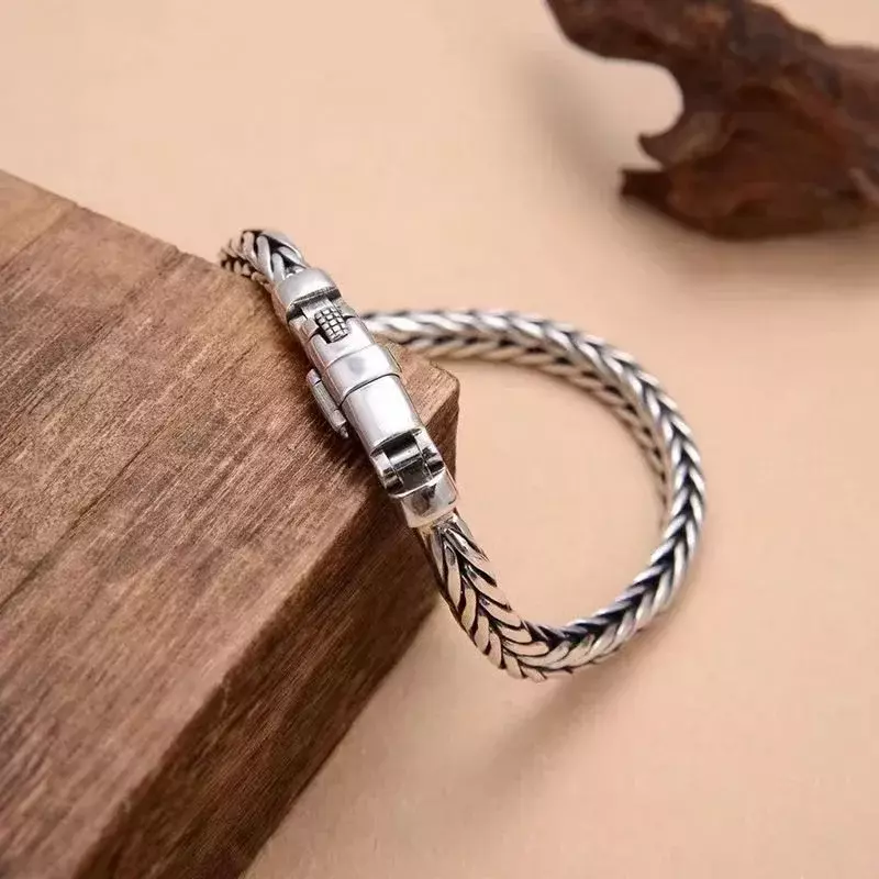 Nowa srebrna Retro tajski S925 srebrna prosty styl ręcznie tkana bransoletka męska wszechstronna bransoletka Trend biżuteria ręczna bransoletka