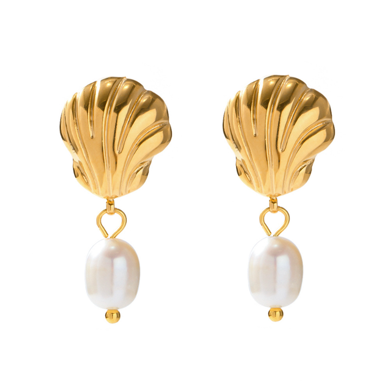 2024 Fresh Water Pearl Drop Earrings Sea Shell Design Stud Earrings Stainless Steel Jewelry