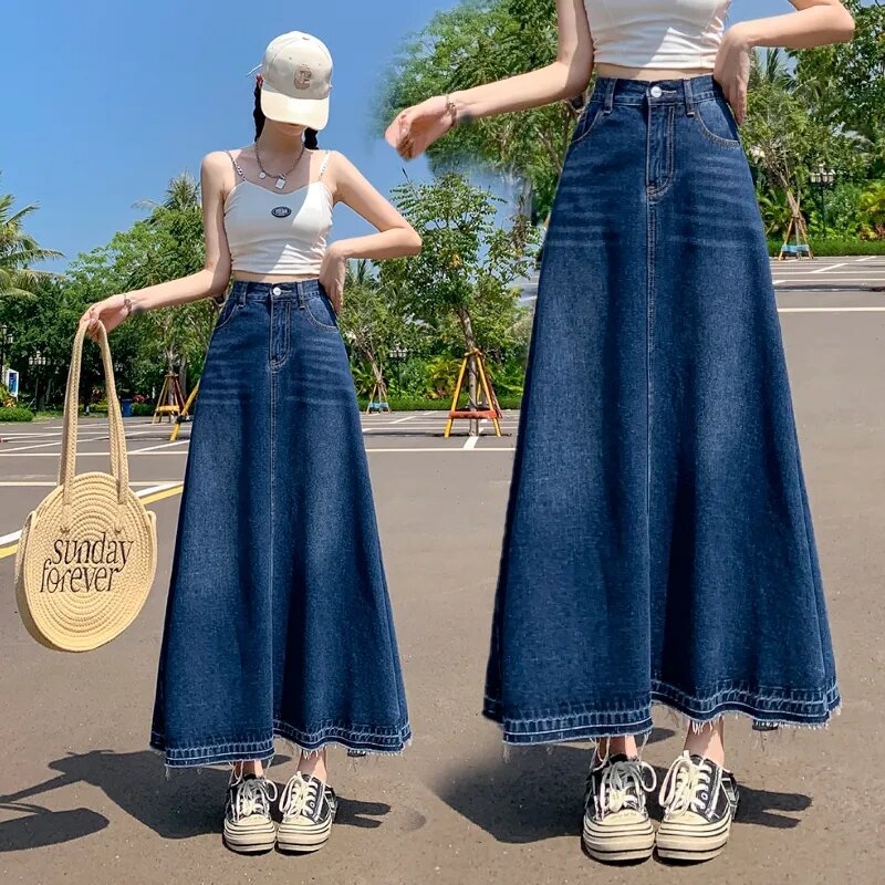 Jupe en jean bleu rétro pour femme, jean long, taille haute, mince, ligne A, nouvelle version coréenne