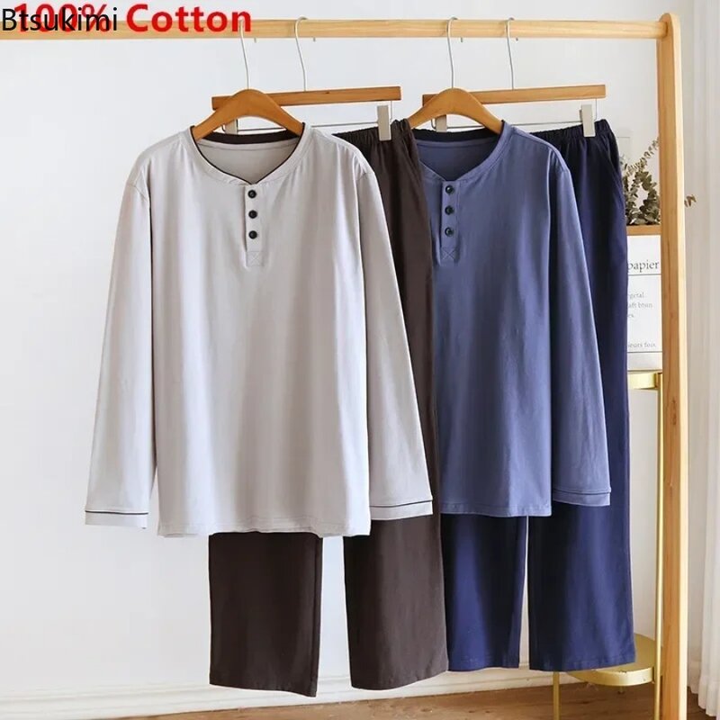 Conjunto de pijama 2024 Algodón puro para hombre, ropa de casa de manga larga y pantalones, con cuello redondo, color liso, 100%