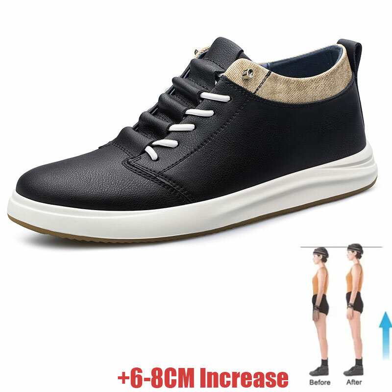 รองเท้าผ้าใบหนังแท้สำหรับผู้ชาย, รองเท้าลิฟท์สีดำรองเท้าเพิ่มความสูงรองเท้าลำลองสีขาว6ซม. 8ซม.