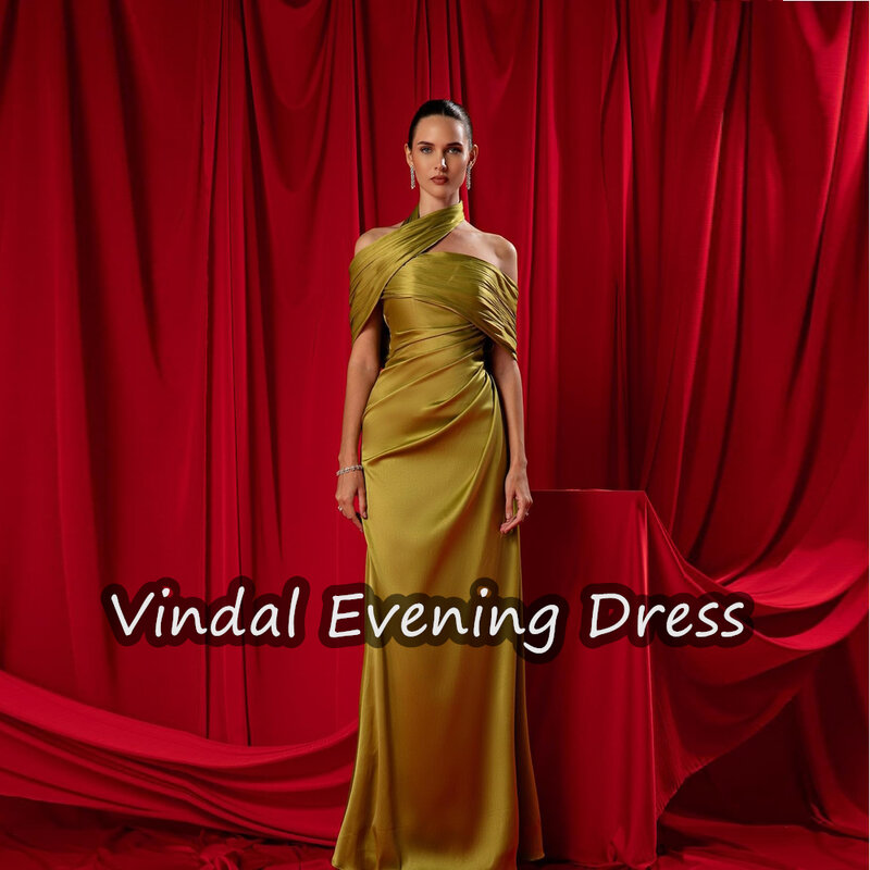 Vindal Halter Evening Dresses Ruffle Floor Length Satin Strapless Elegant Built-in Bra Saudi Arabia Short Sleeves For Woman 2024