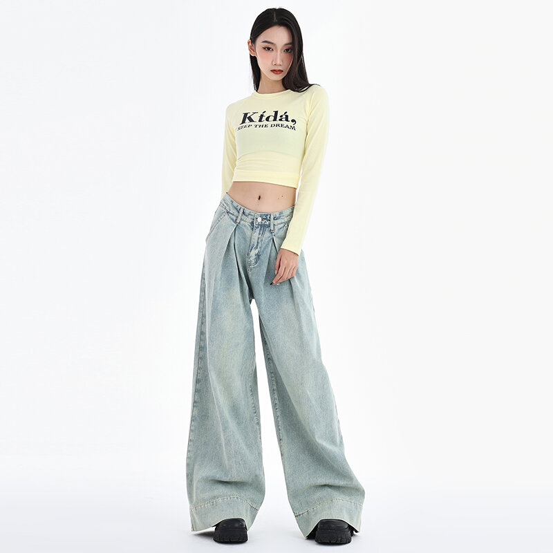 Женские джинсы с завышенной талией, новые корейские модные винтажные джинсы с широкими штанинами, Повседневная Уличная одежда, прямые брюки из денима Y2k, 2024