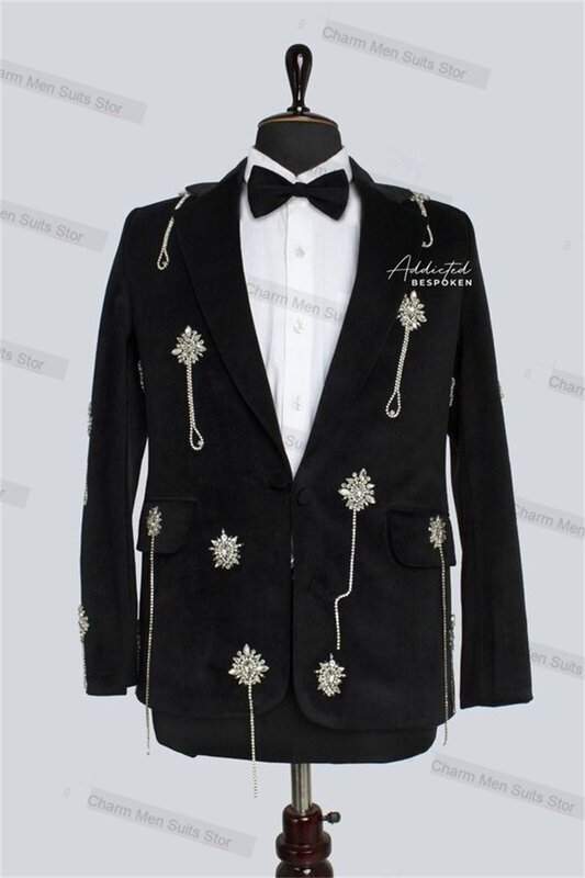 Setelan pakaian Pria Hitam Formal 2 potong, Blazer + celana buatan kustom, jaket kantor bisnis pengantin pria, tuksedo kristal manik-manik untuk pernikahan