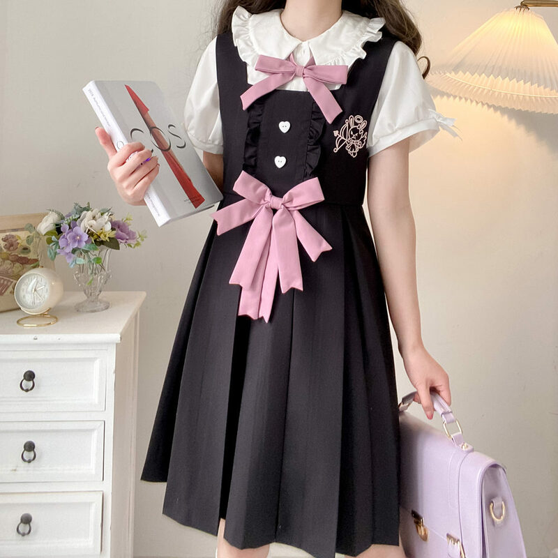 Śliczny królik Spódnica chroniąca piersi Damska sukienka z krótkim rękawem JK Uniform Zestaw czarno-biały Haft Japoński Zestaw strojów szkolnych
