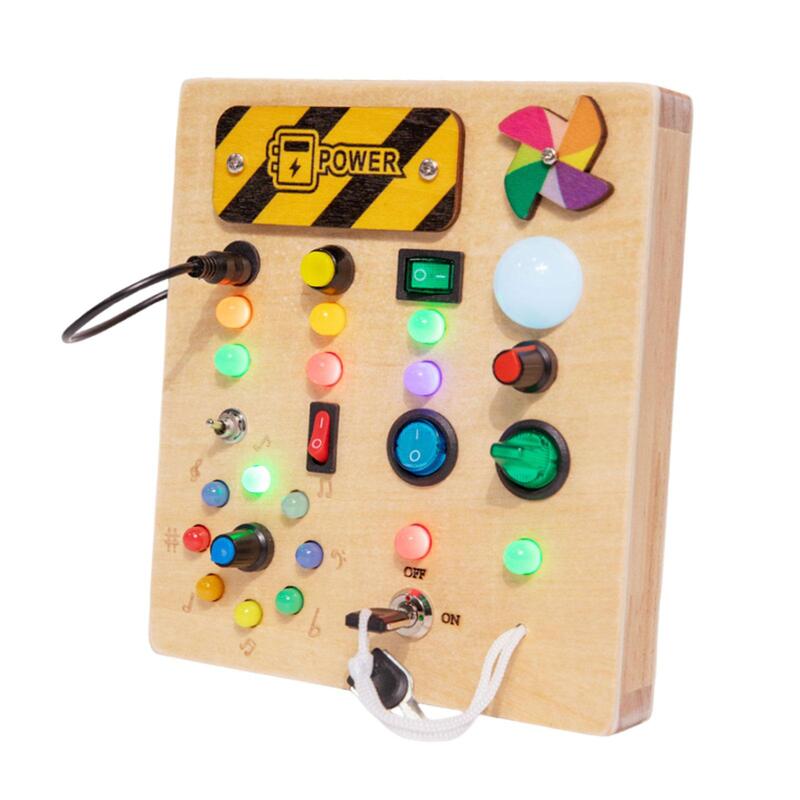 Lights Switch Busy Board Toys with Buttons Sensory Toys Travel Toy Wooden Control Panel for Age 3 + Toddlers Birthday Gifts