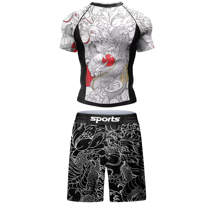 2 PCS Sports Suit Bjj Jiu jitsu gi Rashguard+MMA Shorts Muay Thai Pants Cool Boxing Grappling Wear Gym Fitness Running Clothes
