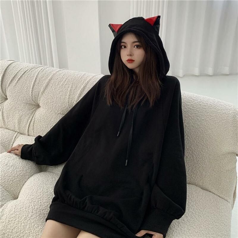 Autumn Winter Women Hoodie Cartoon Cat Ear Hooded Drawstring Thick Loose Solid Color Elastic Cuff Mid Length Sweatshirts