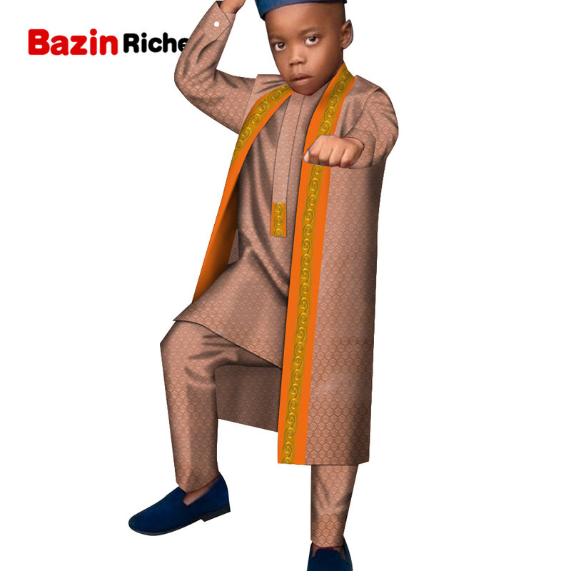 Set Baju Anak-anak Afrika Baru Jubah + Celana Kardigan Lengan Panjang Setelan Baju Anak Kasual Tradisi Anak Laki-laki Ukuran Kustom WYT640