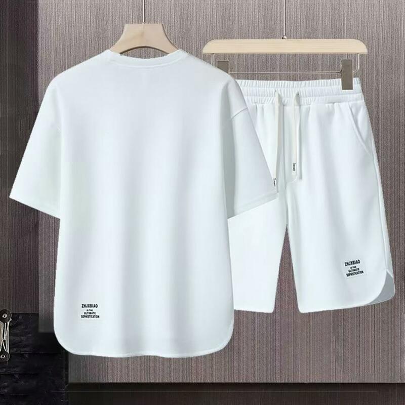 Bainha redonda masculina camiseta casual com estampa de manga curta e conjunto de shorts, terno esportivo masculino, roupa de corrida e corrida, monocromático