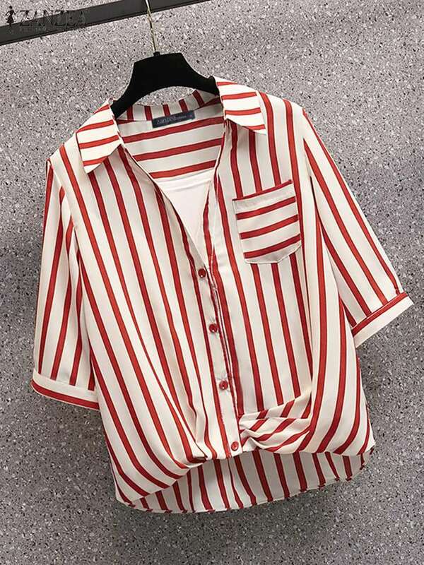 ZANZEA-camisa elegante de bainha ruched para mulheres, gola lapela, meia manga, camisa listrada, tops elegantes de botão, túnica, moda casual, 2024
