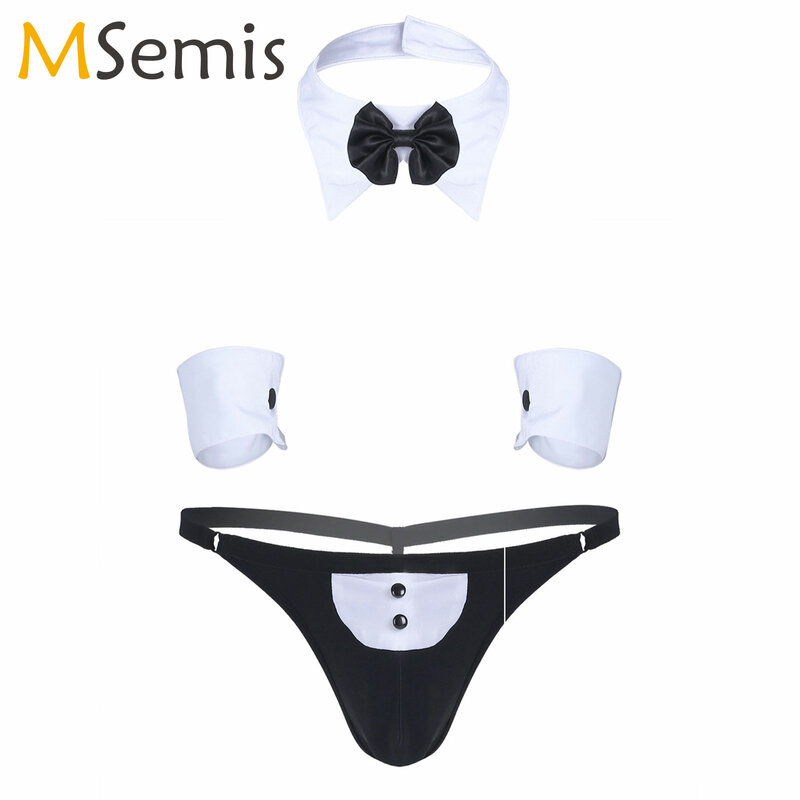 3Pcs Mens Waiter Tuxedo Lingerie Sexy Cosplay Costume Open Back G-string Jockstraps Underwear with Bow Tie Collar and Bracelets