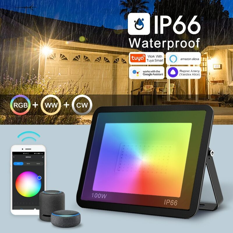 TUYA RGB 투광 조명 스마트 앱 음성 제어 RGBCW CCT 3000-6500K, 30W, 50W, 100W, 220V AC, 정원 파티 야외 조명