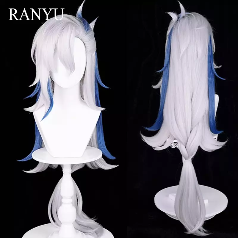 Парик для косплея RANYU Genshin Impact, Фонтейн нейвиллет, Синтетические длинные прямые волосы белого и синего цвета для ежедневной фотосъемки