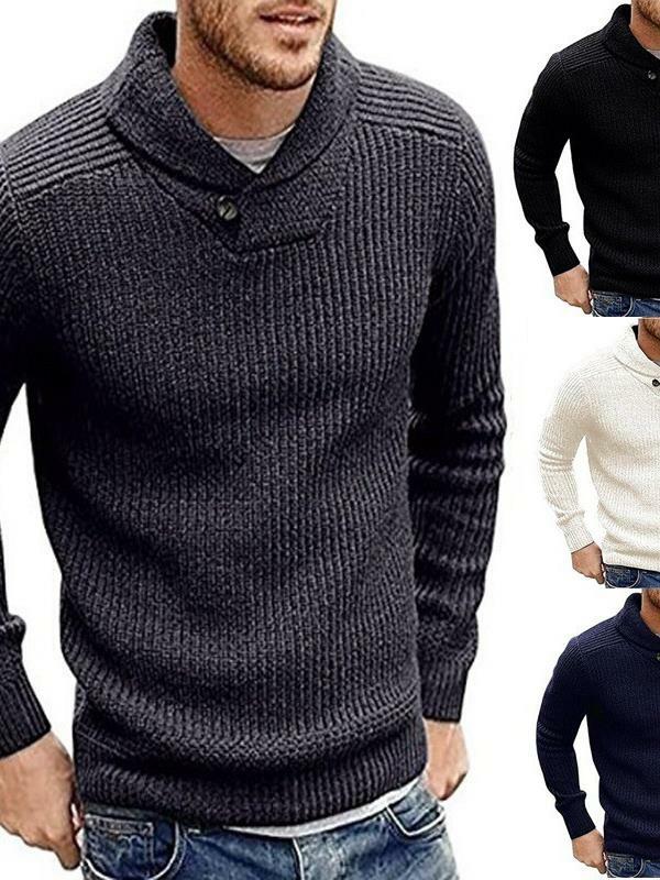 One Button Casual Top Knitted For Men's Solid Color Long Sleeved LapeL Pullover Sweater Men Knitwear