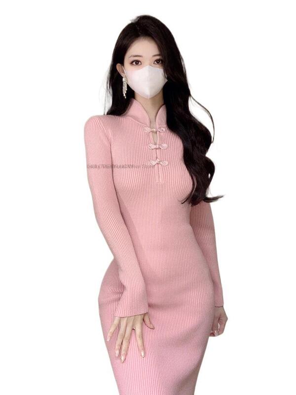 New Chinese Style Pink Gentle Young Lady Elegant Gentle Pure Desire Women Knitting Daily Cheongsam Bottoming Sexy Qipao Dress