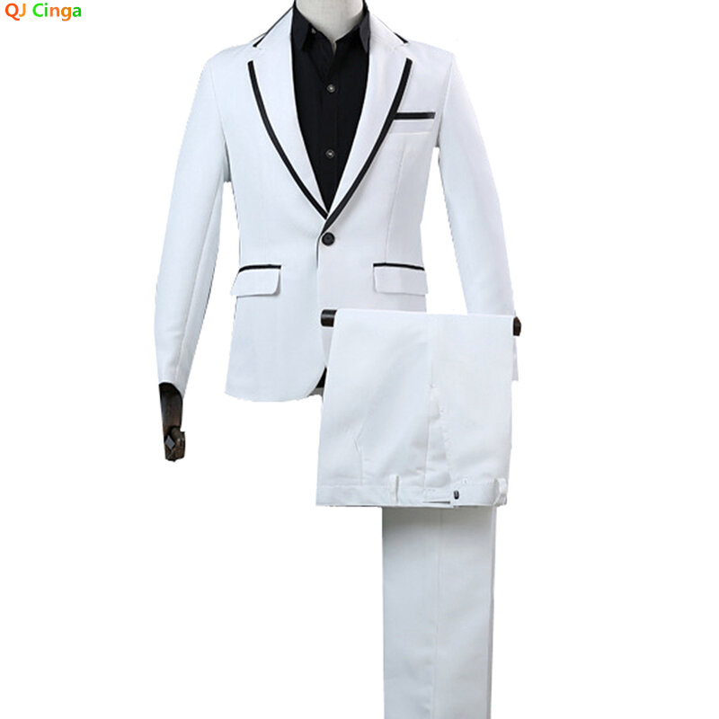 White Black Trimmed Suit Jacket With Pants Men's Dress Two Piece Wedding Party Dress Jacket With Trousers S M L XL XXL XXXL